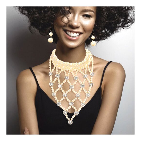 Tigerstars Embellished Cream Pearl Stone Statement Necklace - Picture 1 of 3